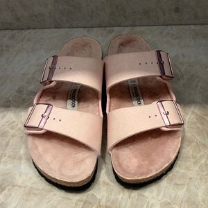 Birkenstock Arizona Shearling Pale Pink Double-Buckle Suede Sandals 37